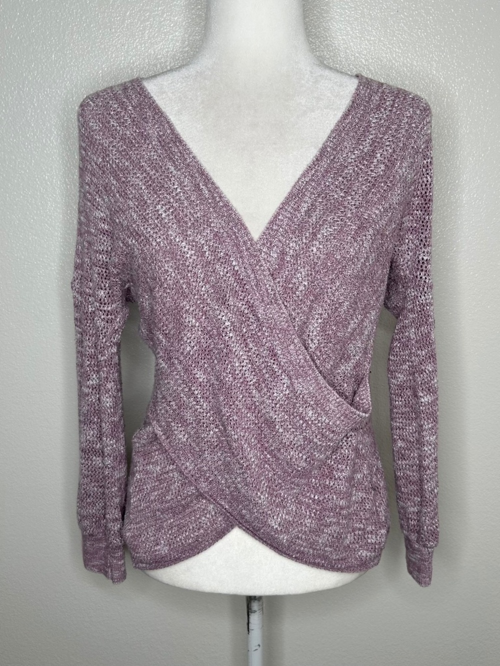 Express Womens Lavender Purple Open Knit V-Neck Faux Wrap Sweater Top Size M